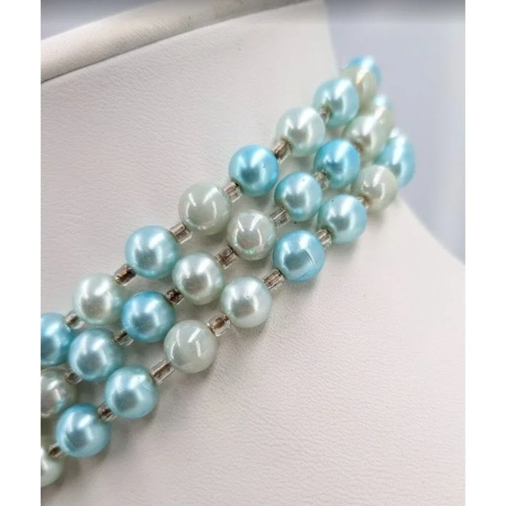 Vintage Japan Triple Strand Faux Pearl Necklace Aqua Cream Silver Tone 18 Inch